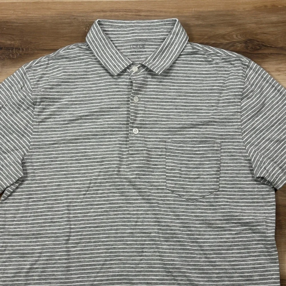 J. Crew Polo Shirt Mens Large Minimalist Slub Cotton Classic Fit Grey Striped